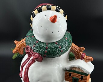 Vintage - Debbie Mumm - &quot;Frosty Folks&quot; - Cookie Jar - By Sakura - Christmas Cookie/Biscuit Jar with lid
