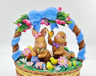 Vintage -Porcelain Easter Basket - Trinket Box /Candy Dish - Easter Bunny