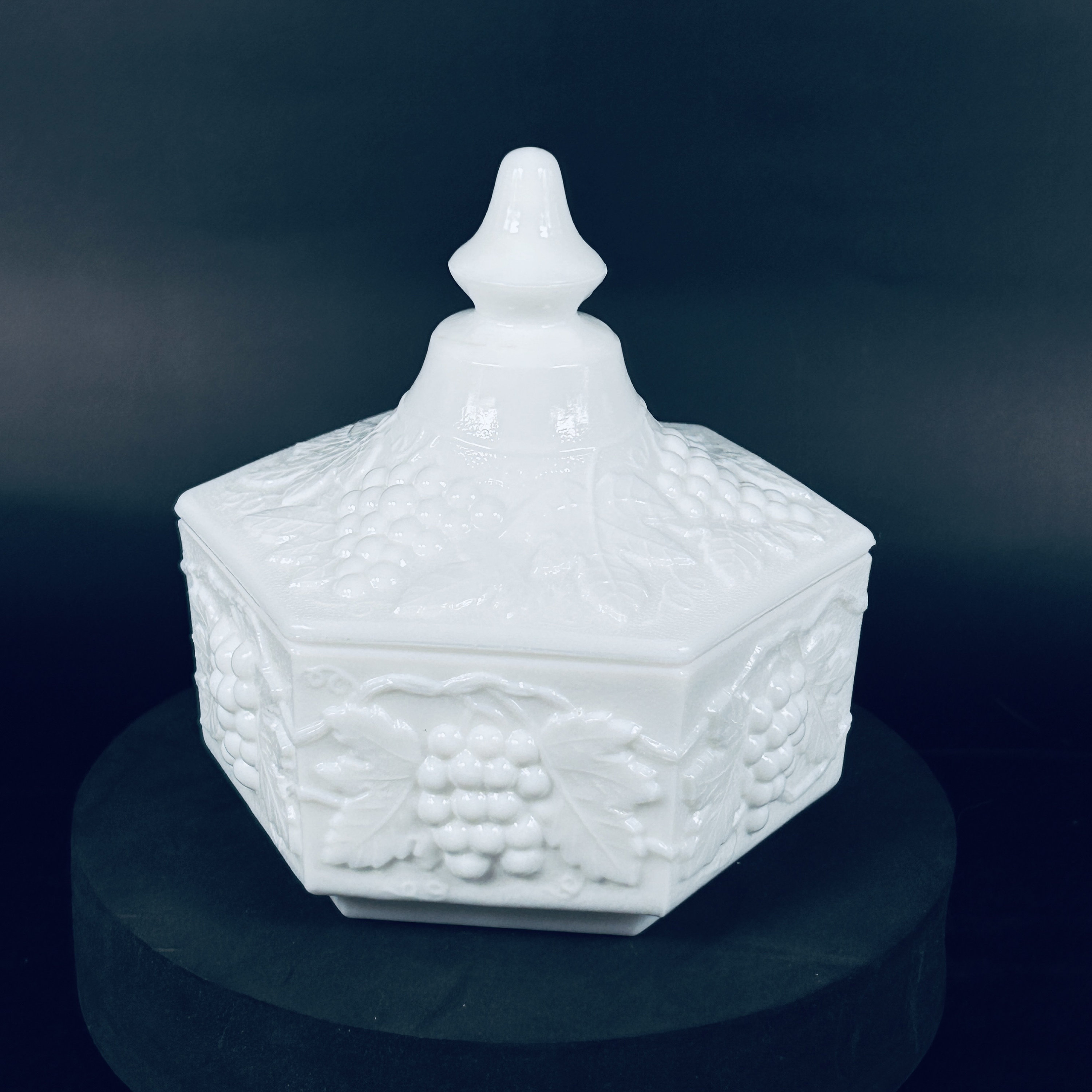 Vintage Imperial Glass Co Hexagon Shape Grape Pattern Candy Dish With