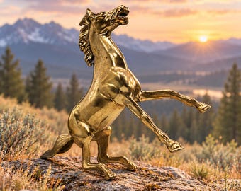 Vintage - Mässingsfigur av häst - Hingststaty - Guldfärgad riddekor - Tung mässingshäst samlarobjekt - Västerländsk heminredning