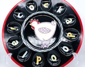 Vintage Becky Denny “Cockadoodle!” Egg Plate – Rooster Deviled Egg Tray – Farmhouse Style Platter