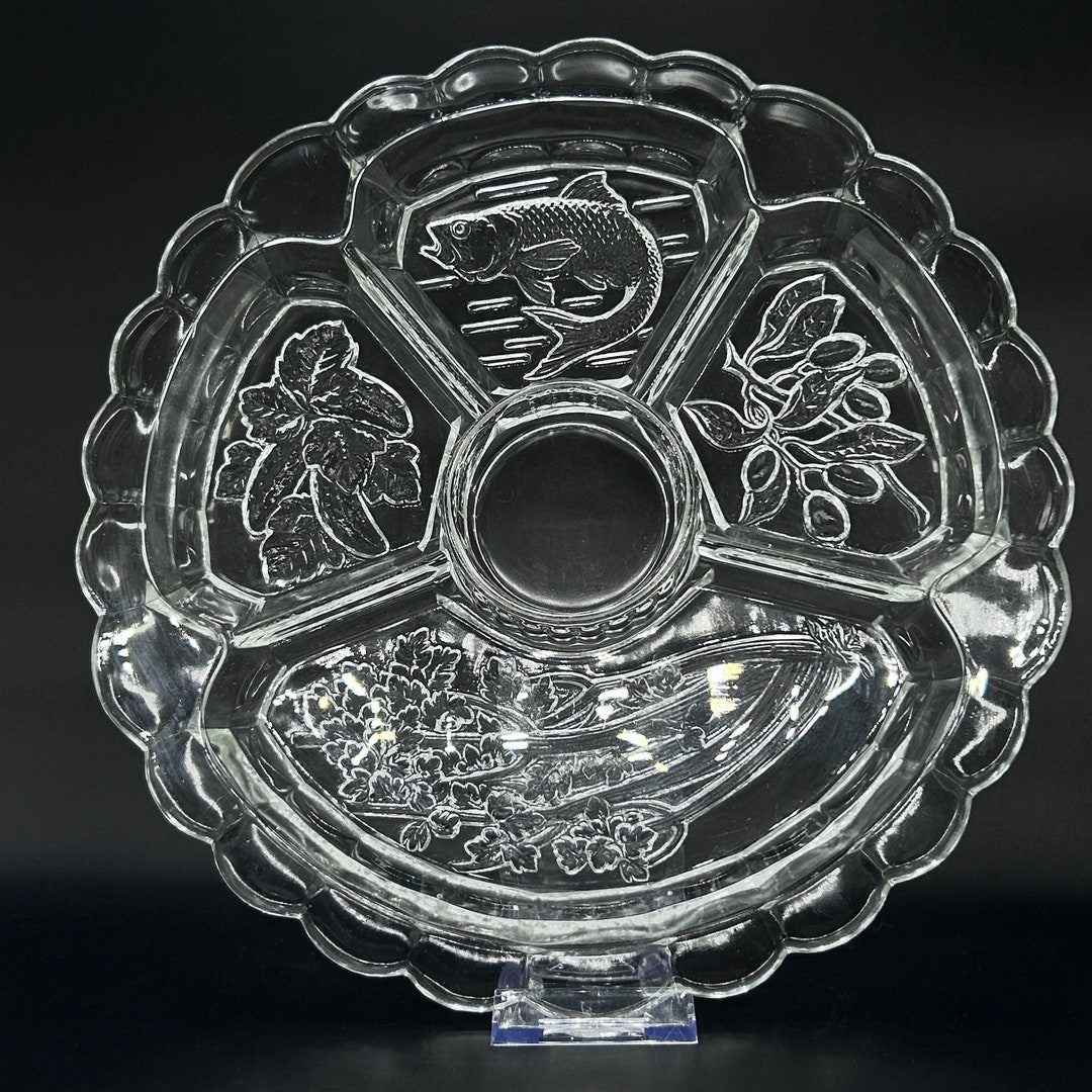 Round Divided Relish Serving Dish/tray/platter Clear Pressed Intaglio