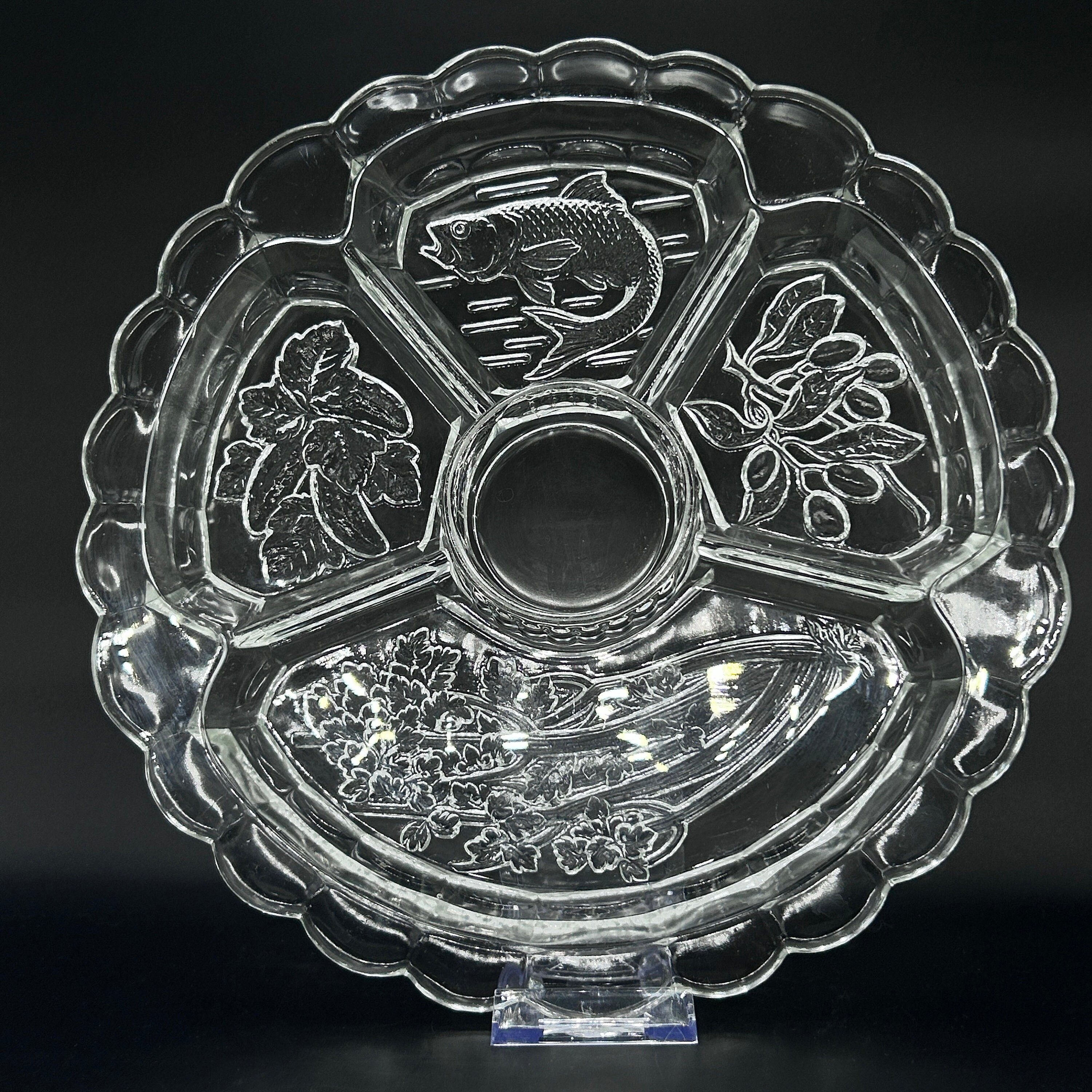 Round Divided Relish Serving Dish/tray/platter Clear Pressed Intaglio ...