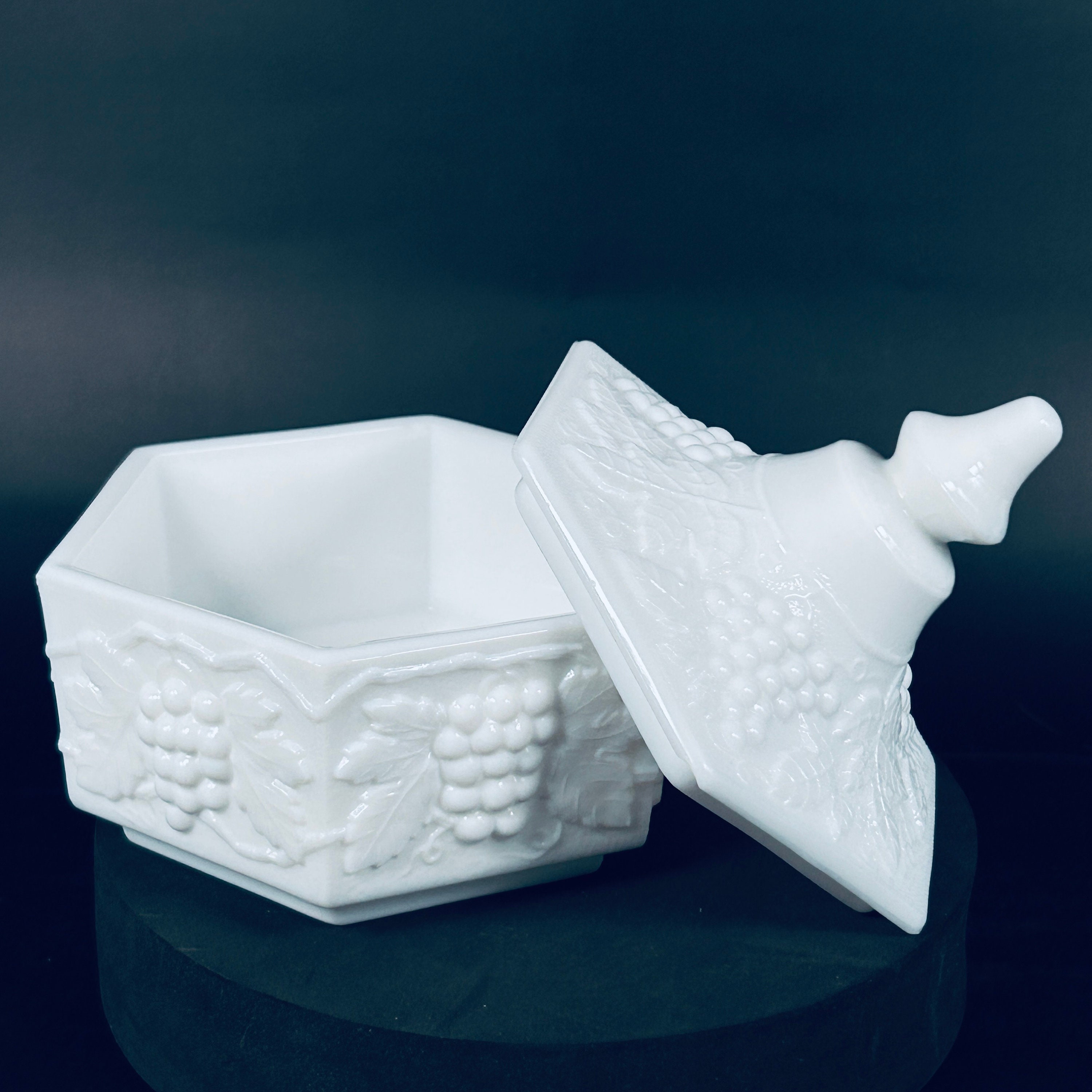 Vintage Imperial Glass Co Hexagon Shape Grape Pattern Candy Dish With