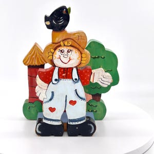 Vintage - Scarecrow & Barn Napkin Holder - Hand Painted Tole Art - Wood Mail Organizer
