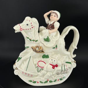 Vintage - Lenox - Santa’s Holiday Toy Shop Teapot - Christmas Elf & Rocking Horse Teapot