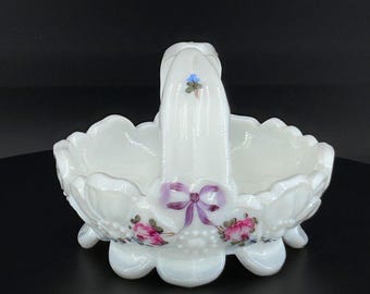 Vintage - Westmoreland - Milk Glass Basket Bowl – Hand Painted Dogwood & Pansy – Split Handle