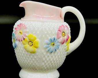 Antique - Consolidated Lamp and glass Company - Pattern Small Glass Pitcher – Wildrose / Stemless Daisy – c.1898–1905