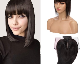 Remy Human Hair Topper With Bangs: Middle Silk Base  display picture 3