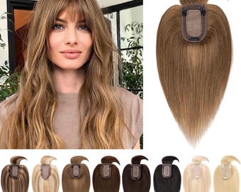 Toppers van echt haar met pony (franje) voor vrouwen UK Dunner wordend haar Echt haar - Clip-in Toupet Extensions MIDDEN ZIJDE BASIS Haarstuk