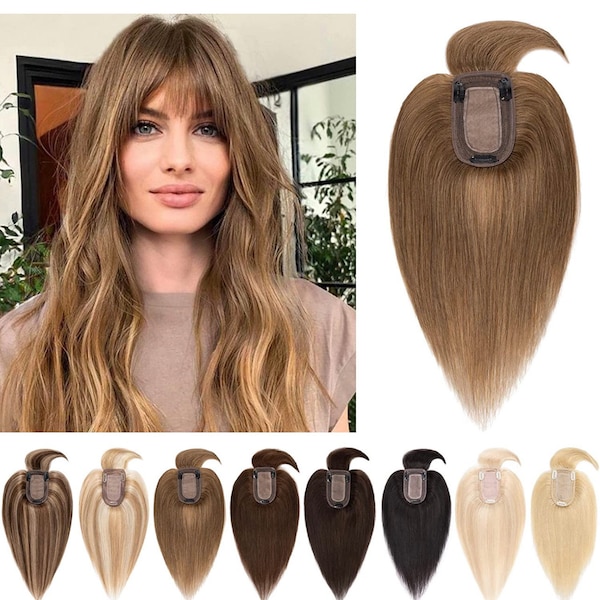 Adornos de cabello humano con flequillo (flecos) para mujeres, Reino Unido, cabello adelgazante, cabello real, extensiones de peluquín con clip, BASE DE SEDA MEDIA