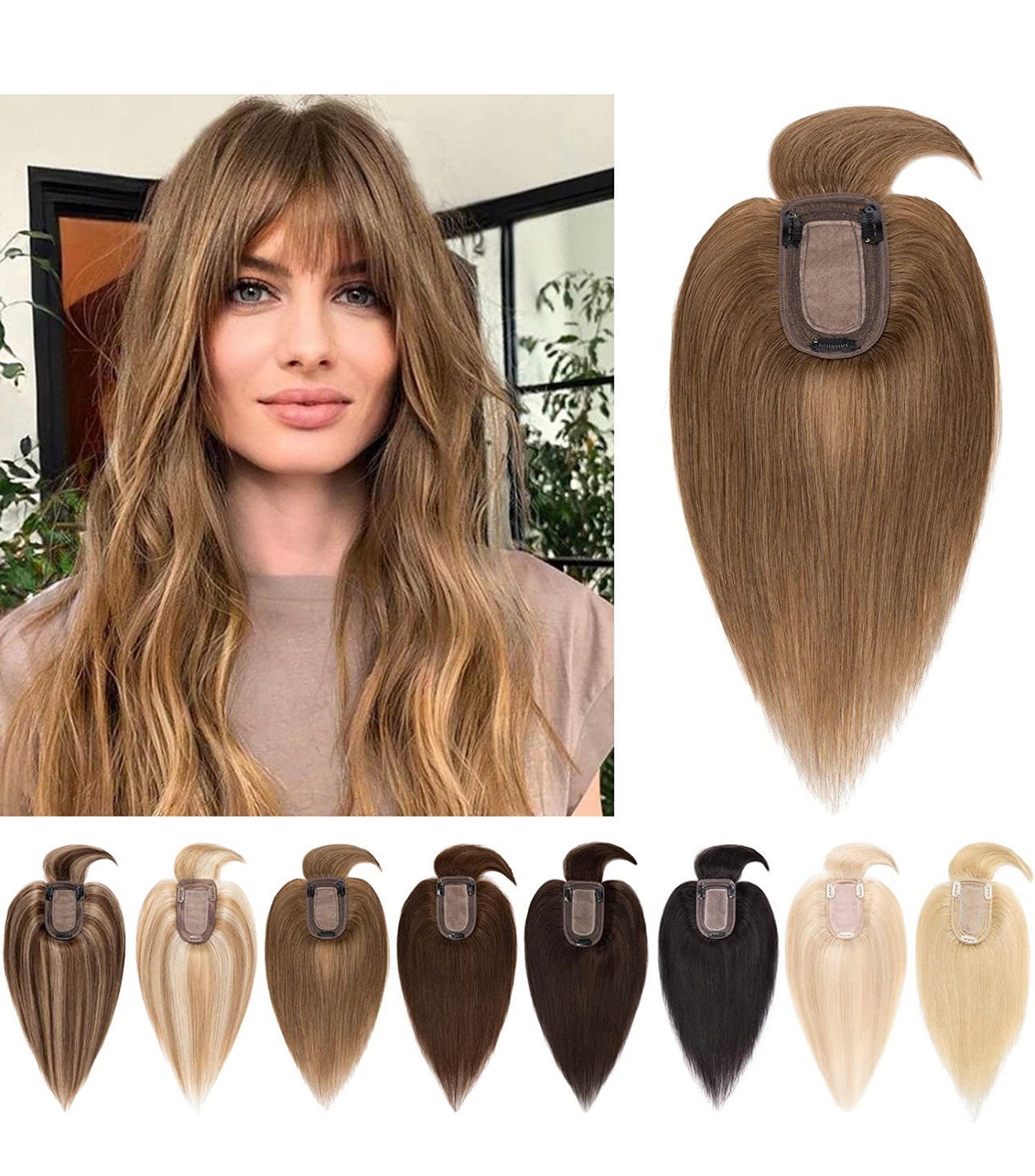 Remy Human Hair Topper With Bangs: Middle Silk Base 