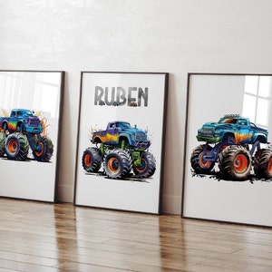 Personalised Monster Truck Prints | Set of 3 | Trucks | Boys Bedroom | Boys Room | Monster Trucks | Kids Room | Play Room | Nursery Prints