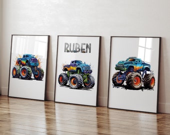 Personalized Monster Truck Prints | Boys Room Decor (Set of 3, UNFRAMED)