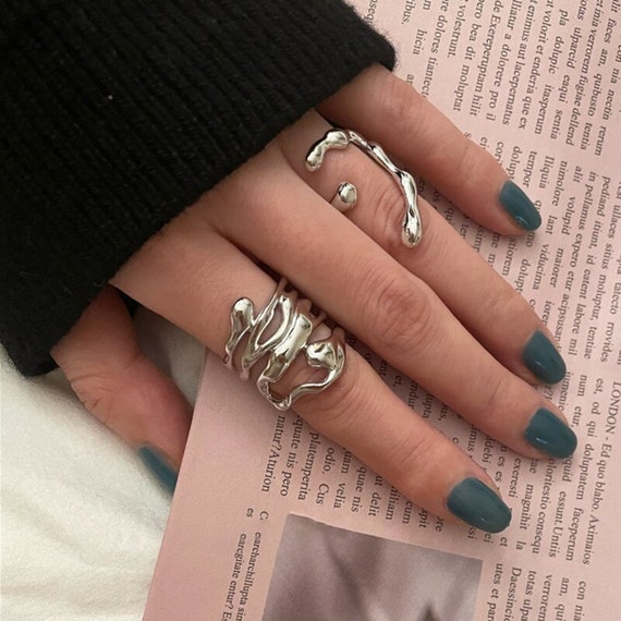 Hollow Wide Abstract Chunky Silver Irregular Ring for Women