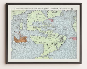 May include: A vintage map of the world, titled "Tabula nouarum infularum, quas diuerfis refpectibus Occidentales & Indianas uocant." The map is in a black frame and features a ship sailing on a blue ocean. The map is in a light green and blue color scheme and includes the text "Die Nuw Welt" which translates to "The New World".