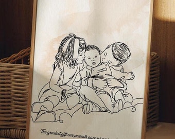 Custom Sibling Line Art, Family Portrait Drawing, Gift for Christmas, Custom Portrait From Photo, Personalized Christmas Family Illustration