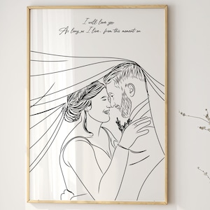 Custom Line Art Couple Drawing, Personalized Wedding Portrait, Unique Bride and Groom Gift, Romantic Gift for Newlyweds