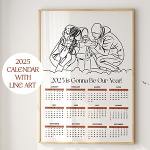 Calendário ilustrado 2025, calendário personalizado, presente de Natal, retrato de arte de linha, cartão de Natal, arte de retrato, arte de linha personalizada