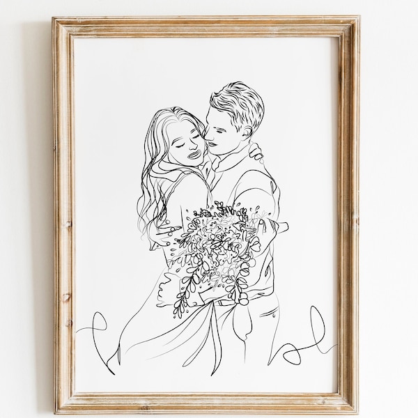 Personalized Couple Portrait, Custom Wedding Anniversary Gift, Custom Line Art Drawing From Photo, Couple Gift, Couple Portrait Drawing