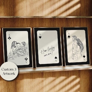 Ace, King and Queen Spielkarten Benutzerdefinierte Line Art Portrait Wandkunst Set mit 3 Drucken, personalisiertes Porträt, Family Line Art, Portrait Art