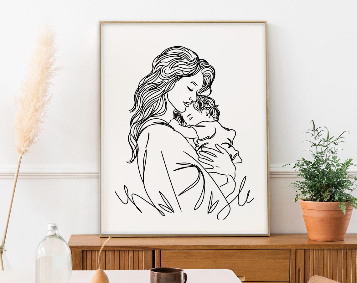 May include: Black and white line art illustration of a mother holding a child. The mother is looking down at the child, who is sleeping in her arms. The image is simple and elegant, and it would be perfect for a nursery or a child's room.