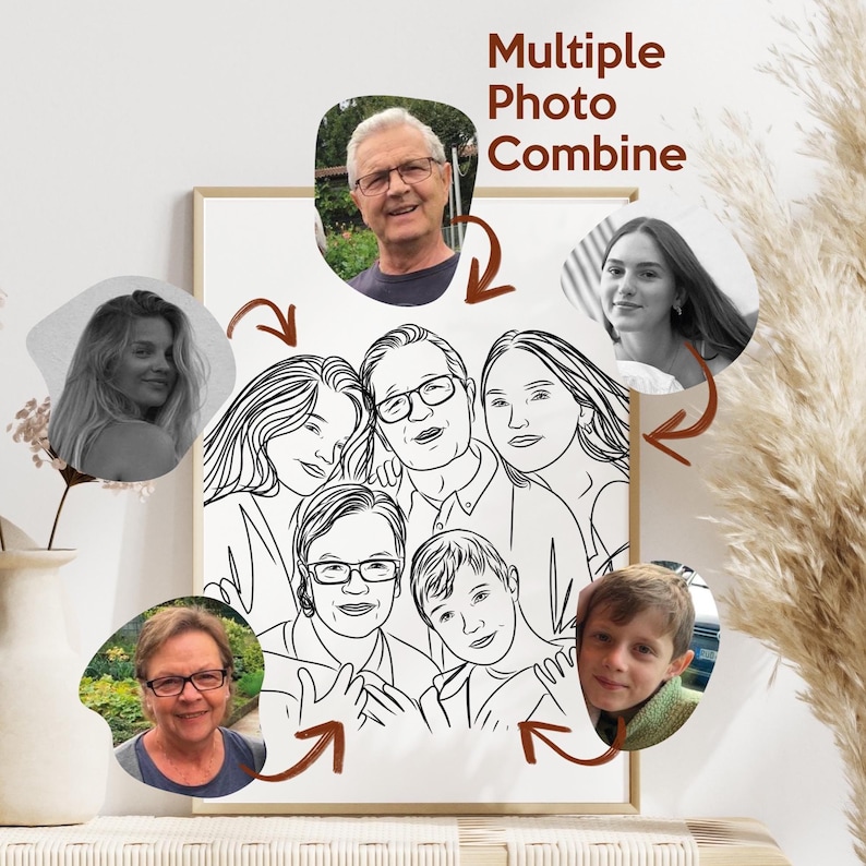 Custom Family Drawing From Photos, Add Loved Ones, Line Art, Memorial ...