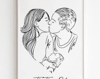 Aangepaste lijntekeningen familieportret - gepersonaliseerde familieillustratie van foto, Moederdag- en Vaderdagcadeau, kerstcadeau, aangepast cadeau