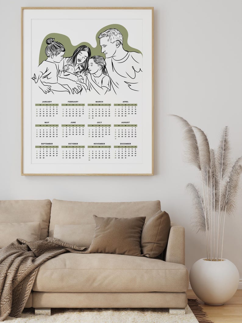 2025 illustrierter Kalender, personalisierter Kalender, Familienporträt