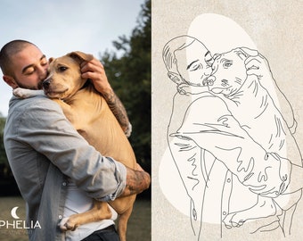 Pet Portrait, Custom Pet Portrait, Pet and Owner Portrait, Custom Dog Line Illustration Portrait, Pet Owner Gift