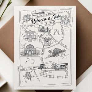 以下が含まれることがあります： 白黒でイラストされた結婚式の招待状で、地図のデザインです。「Save the Date」のテキストと「Rebecca & John」の名前が表示されています。日付「June 27 2026」も表示されています。地図には、家、会場、花の要素のイラストが含まれています。