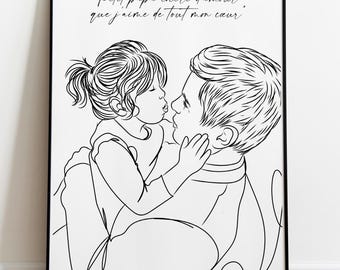 Benutzerdefinierte Line Art, Geschenk für Vater, Familienporträt-Illustration, Porträt vom Foto, personalisiertes Porträt, Vatertagsgeschenk