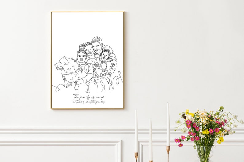 Custom Family Line Art Portrait, Line Art Illustration Print, Personalization Line Drawing Gift, Birthday Gift 画像 2