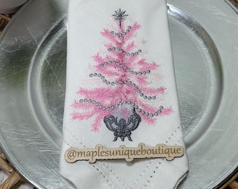 Embroidered Christmas Tree Napkin: Pink & Silver Cotton Linen, 16x16