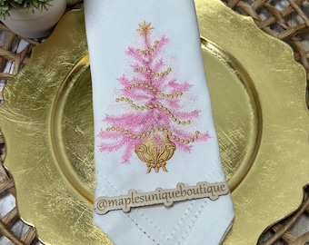Embroidered Christmas Tree Cloth Napkin: Pink & Gold Holiday Dinnerware