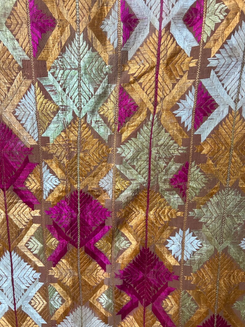 Vintage Orange Phulkari Embroidered Silk Wrap