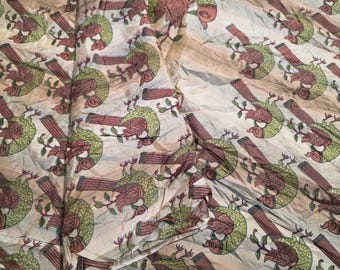 Vintage Silk Saree: Floral Bird Print, 5 Yards Pure Silk Fabric