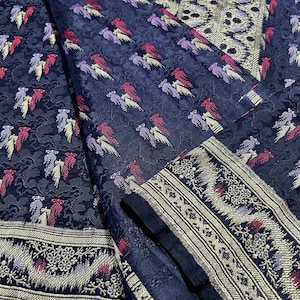 Sari de brocado Banarasi vintage: 100 % seda satinada, zari plateado auténtico