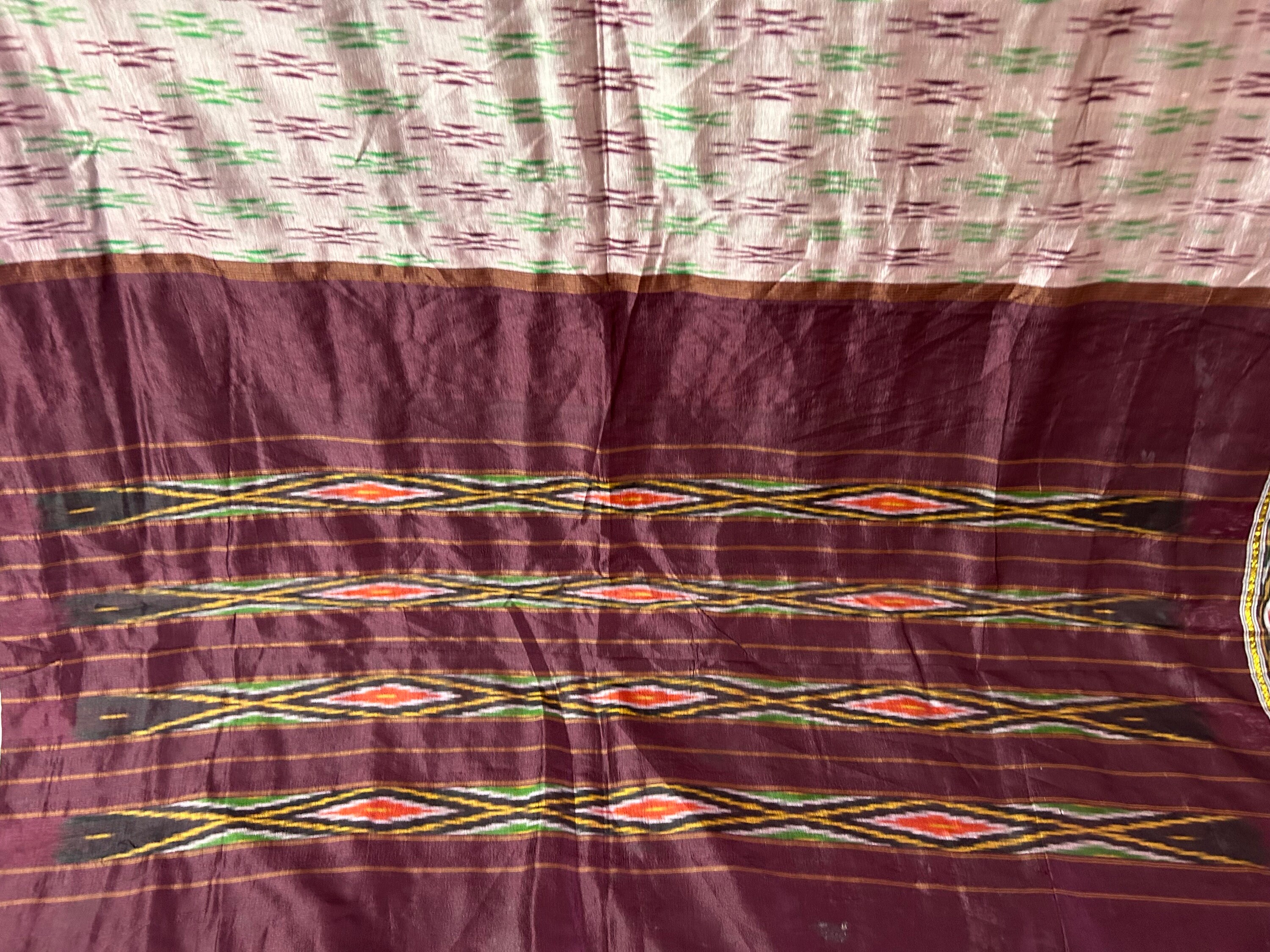 Indian Vintage Green & Yellow Saree Pure Silk Pochampally Hand Woven Ikat Sari Craft Fabric 5Yd Ethnic Zari Border Dress making Fringes