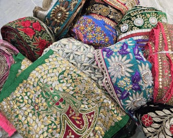 Embroidered & Beaded Vintage Saree Trim Scraps: Upcycled Fabric Lot