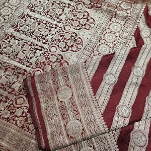 Vintage Banarasi Brocade Saree: Pure Satin Silk, Real Silver Zari