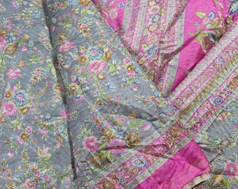 Vintage Floral Silk Saree, Dressmaking Fabric 5 Yards