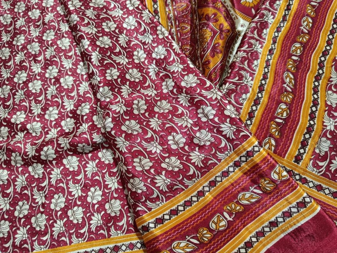 Vintage Silk Saree Crepe Silk Sari Fabric 5 Yard Rasgulla Silk Fabric