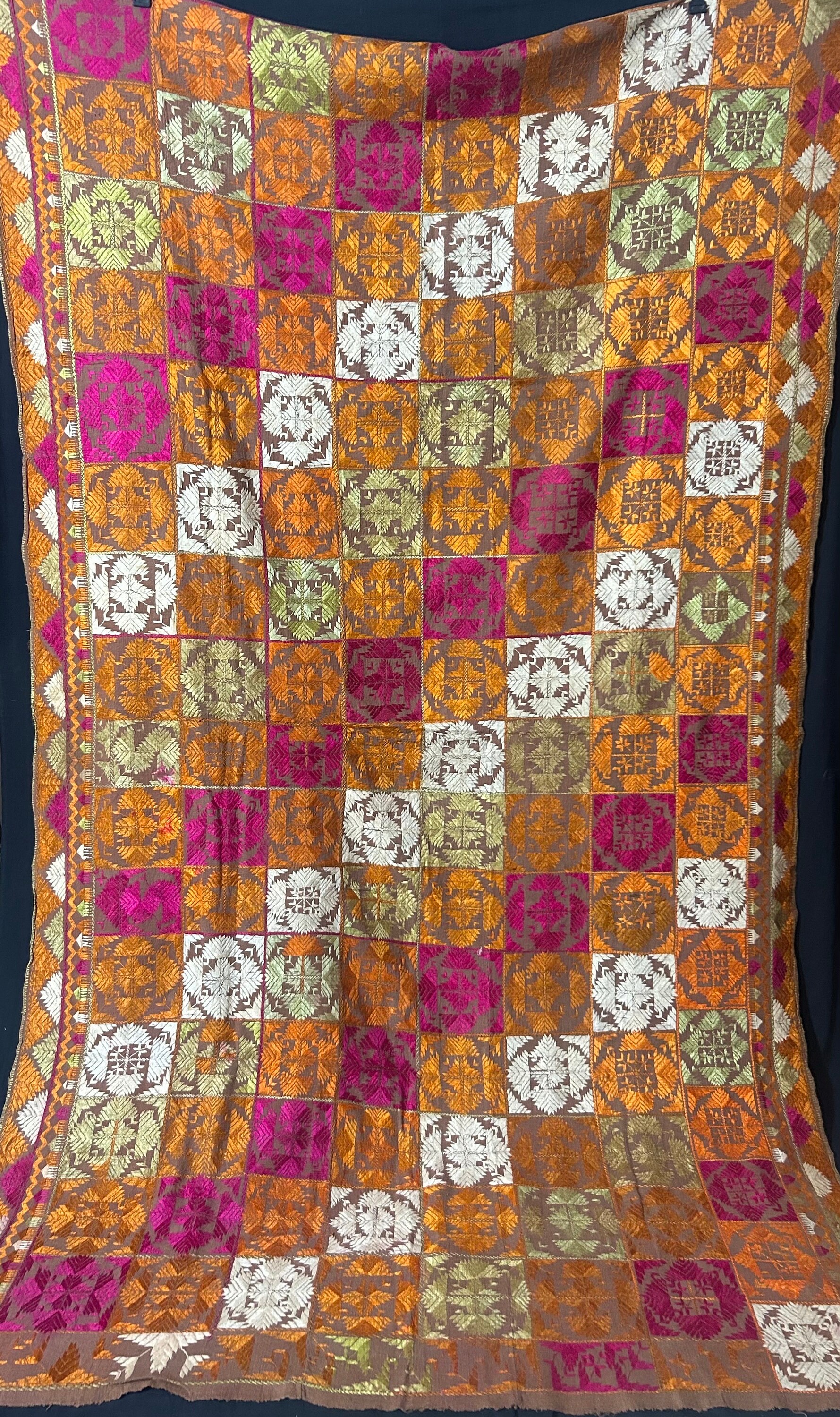Grand Textile Indien Ancien Phulkari Brodé Main - Soie/coton - 264x132cm