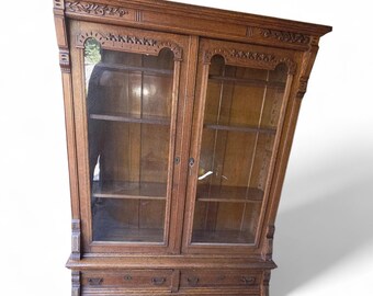 19th Century Oak Wood Bookcase/Display Cabinet with Orginal Keys