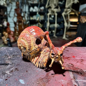 May include: A sculpted snail figurine featuring a shell shaped like a human skull with intricate bone-like textures. The body of the snail is also skeletal, colored in shades of red and tan, with two long eye stalks extending forward.
