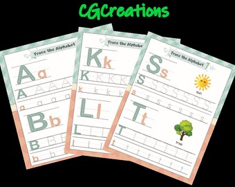 May include: Three printable worksheets for tracing the alphabet. Each worksheet features a different letter, with a larger letter at the top and smaller letters to trace below. The worksheets also include a picture and the word for the picture.