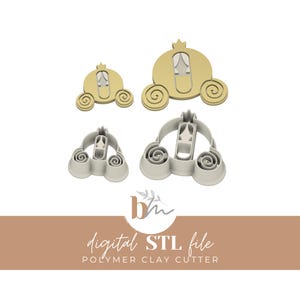 May include: Two sets of Cinderella carriage cookie cutters, one set in gold and one set in silver. The cutters are in different sizes, with the larger set being approximately 3 inches in length. The cutters are designed for use with polymer clay.