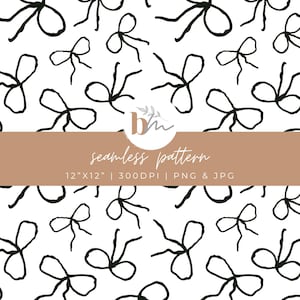 May include: A seamless pattern featuring black hand-drawn bows on a white background. The pattern is 12 inches by 12 inches and 300 DPI. It is available in PNG and JPG formats.