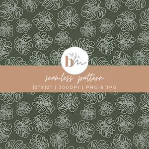 May include: A seamless pattern featuring white outline monstera leaves on a dark green background. The pattern is 12 inches by 12 inches and 300 DPI. The pattern is available in PNG and JPG formats.